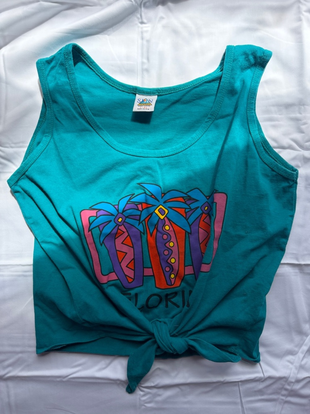 Vintage 90s “Florida” Sunny Days Teal Graphic Tie-Front Tank Top